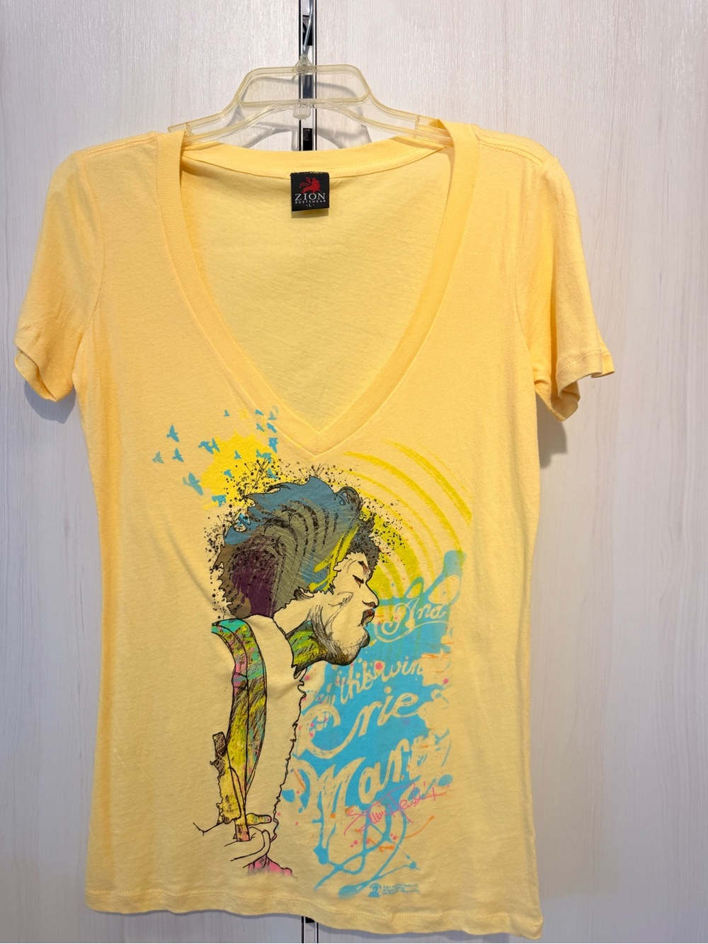 Jimi Hendrix Yellow V-Neck Graphic Tee with Multicolor Portrait